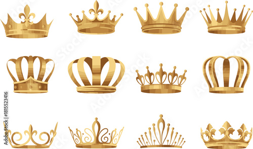 Golden royal crown vector set with luxury regal headwear icons for monarchy, king, queen, emperor, ceremonial and heraldic design.