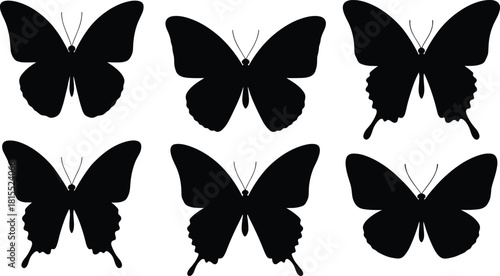 Black butterfly silhouettes collection, symmetrical insect design, isolated vector set, minimalist nature illustration, elegant shape for decoration and artwork