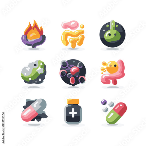 Stomach Diseases Set – Bloating, Stomach Ache, Digestive Pain, Fullness, Heaviness, Acid Reflux, Heartburn, Indigestion, Duodenum Issues. Empty and Full Stomach. Vector Illustration.