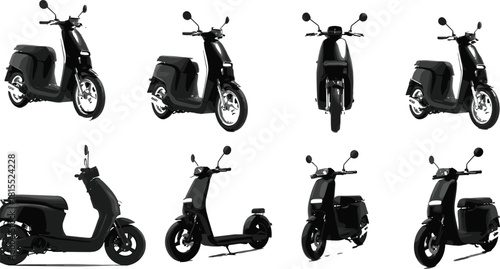 Modern electric scooter vector set with front, side, rear views, digital dashboard, compact design, urban mobility, eco transport illustration