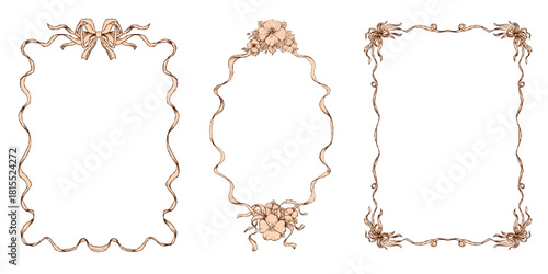 A set of elegant hand-drawn ribbon frames with floral details, suitable for invitations, stationery, greeting cards and decorative layouts. Clean outlines and soft monochrome style