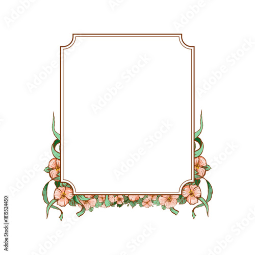 A decorative floral frame with soft pink blossoms and green leaves arranged around the lower part of the border, creating an elegant botanical layout for invitations, notes, and greeting cards