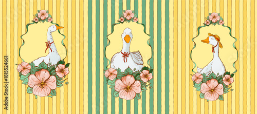 Set of three vintage postcards with geese framed by floral ribbons on striped pastel backgrounds. Each composition features soft flowers, flowing edges and gentle colors suitable for greeting designs.