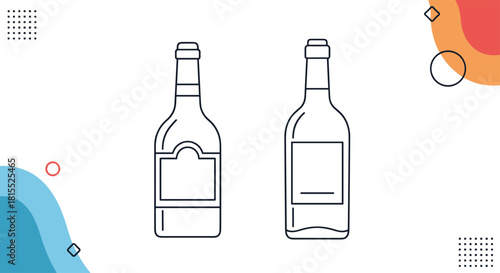 Clean line art illustration of two bottles with labels on a white background with decorative elements.