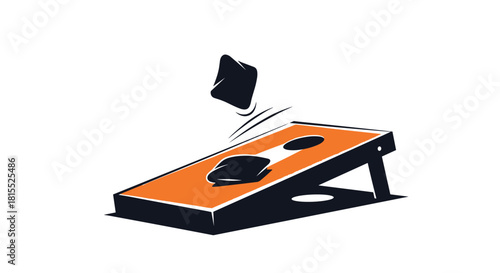 Stylized illustration of a cornhole board with beanbags in motion.