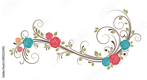 Decorative floral flourish with roses and leaves in a whimsical, flowing design.