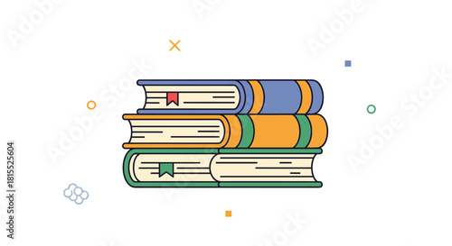 Flat illustration of a stack of three books with bookmarks, surrounded by small decorative shapes.