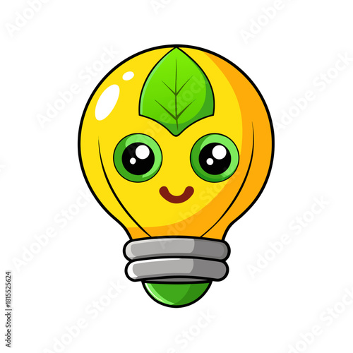 Cartoon lightbulb with a leaf having a smiling happy expression