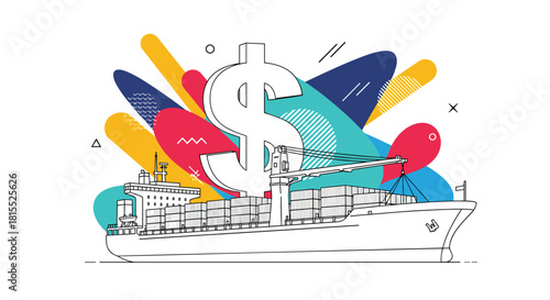 Dollar symbol hovering over a container ship in a stylized abstract design.