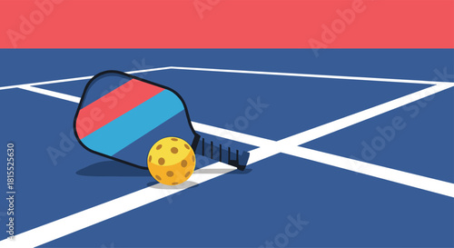 Pickleball paddle and ball rest on a blue court with red background.