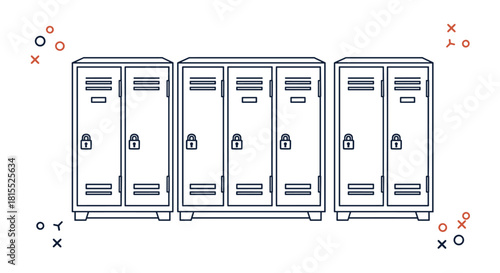 Outline illustration of a row of three double-door gym lockers with locks.