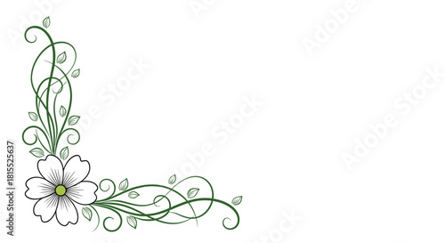 Elegant green floral corner design with a white flower and delicate vines.