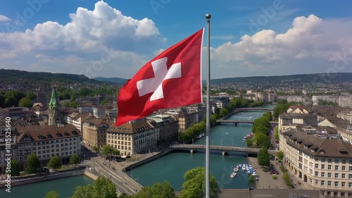 Aerial circling drone shot around Swiss flags on Grossmünster church in Zürich Switzerland closer