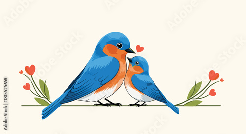 Two bluebirds perched on a branch with hearts, symbolizing love and companionship.