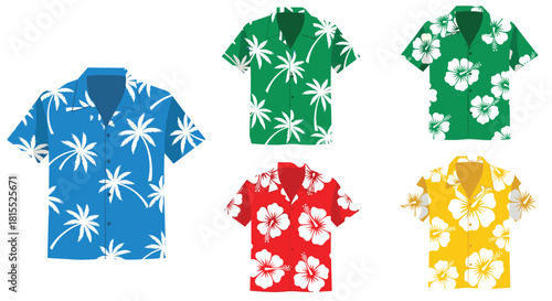 Collection of colorful Hawaiian shirts with tropical prints like palm trees and hibiscus flowers.
