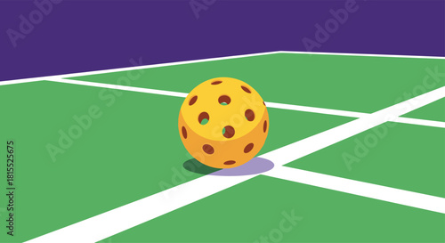 A yellow pickleball with holes sits on a green court with white lines.