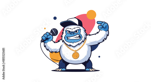 Stylized cartoon yeti rapper wearing a gold chain and a baseball cap holds a microphone.