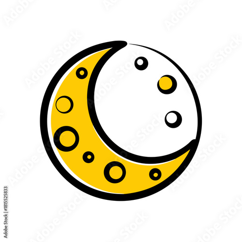 Cartoon Crescent Moon with Stars in Dark Black Sky