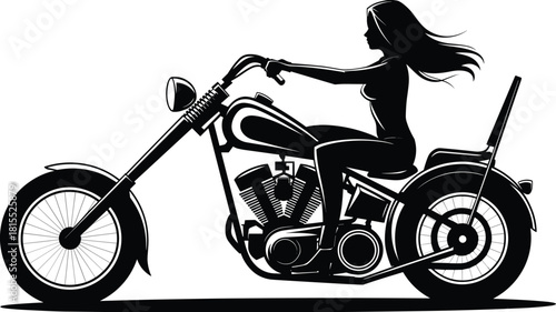 Silhouette biker riding chopper motorcycle with flowing hair, extended forks, vintage wheels, freedom motion, black and white vector art
