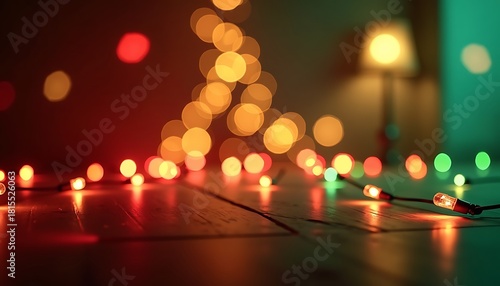 Soft bokeh lights of red yellow and green christmas string lights