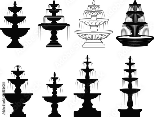 Set of tiered water fountain vector icons in black silhouette style for garden, park, architecture, landscaping, and decorative design use.