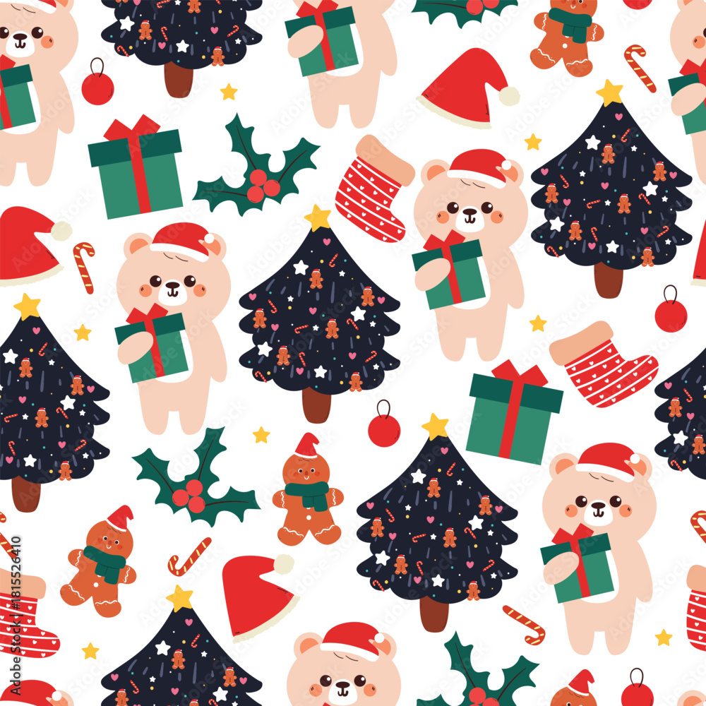 Fototapeta premium seamless pattern cute cartoon bear with christmas tree and christmas element drawing