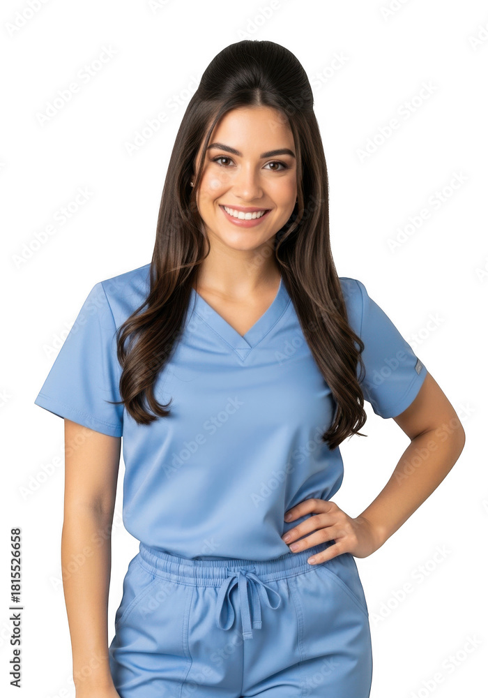 Obraz premium Smiling young female healthcare professional in light blue scrubs posing confidently with one hand on hip