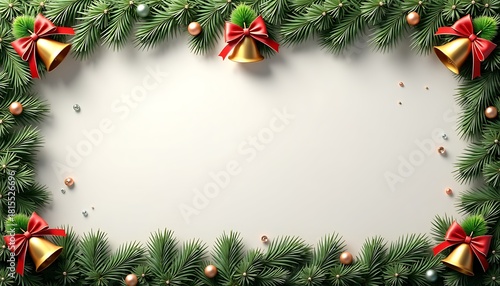 Christmas garland frame with bells and red bows on white background
