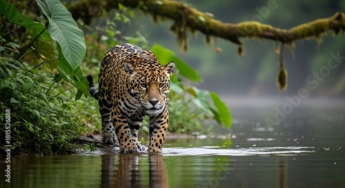 Jaguar Stalking the Riverbank: Majestic Hunter in the Dense Amazon Rainforest