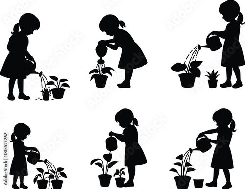 Silhouette girl watering plants vector set, gardening child clipart, nurturing nature, eco care, black isolated garden icons