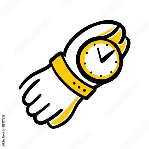 Cartoon analog wristwatch with metallic hands and gold strap