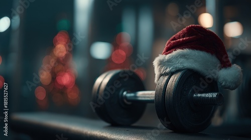 Festive fitness a dumbbell adorned with a santa hat sits on a gym bench, with blurred christmas trees in the background, capturing the holiday spirit
