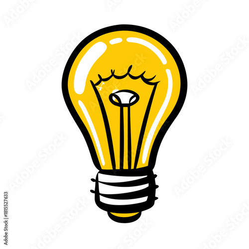 Cartoon lightbulb with glowing filament on black background