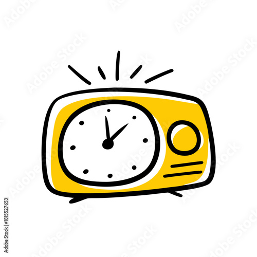 A Yellow Cartoon Analog Clock Radio On Black Background