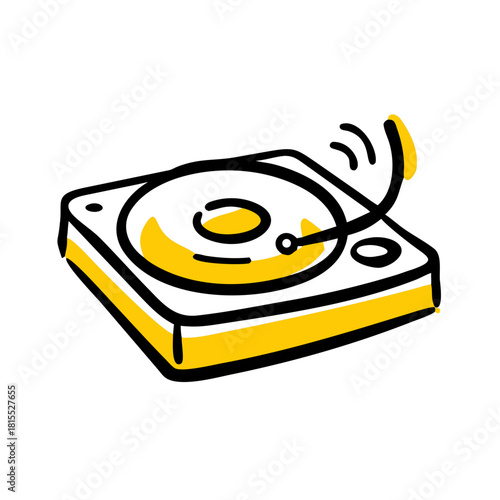 A Yellow Cartoon Record Player with a Spinning Vinyl
