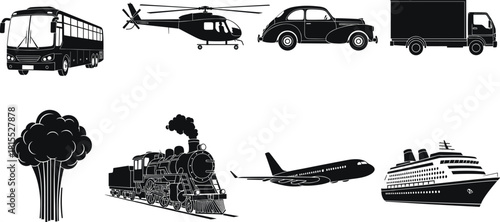 Silhouette icons of transportation vehicles including bus, airplane, train, ship, helicopter, vintage car, truck, explosion, environmental impact