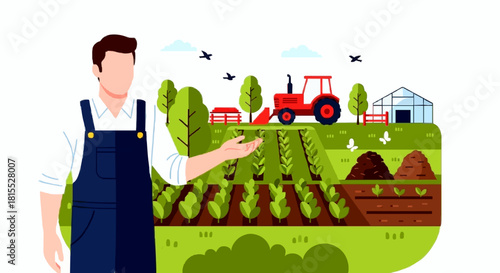 An illustrated farmer proudly showcases his vibrant agricultural land with growing crops, a red tractor, and a modern greenhouse.