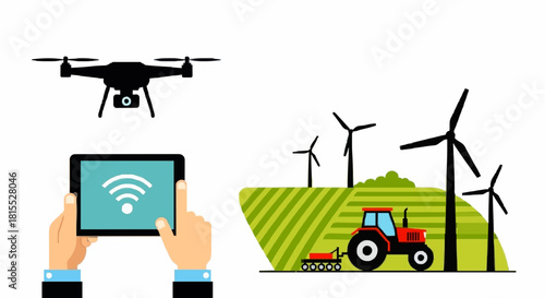 Smart farming concept showing a drone, tablet control, tractor in a field, and wind turbines for sustainable agriculture.