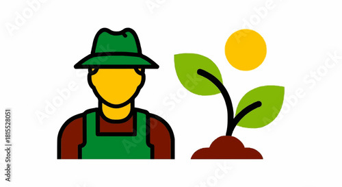 A colorful icon of a farmer next to a young plant growing in the soil under the sun.