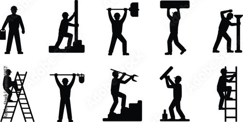 Construction worker silhouette vector set, black labor icons, industrial tasks and tools, building site graphics for construction, engineering, and design themes