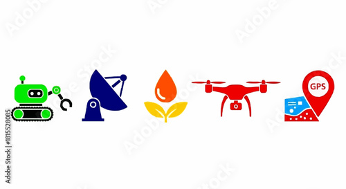 Five colorful icons depicting a robot, satellite dish, plant with oil drop, drone, and GPS location marker on a white background.