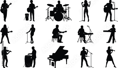 Musician silhouette vector set, black music icons, performers with instruments, singers and band members, concert graphics for music, entertainment, and design