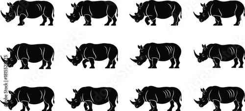 Black rhinoceros silhouette vector set, wildlife animal icons, African safari theme, endangered species graphics, isolated black rhino shapes for design