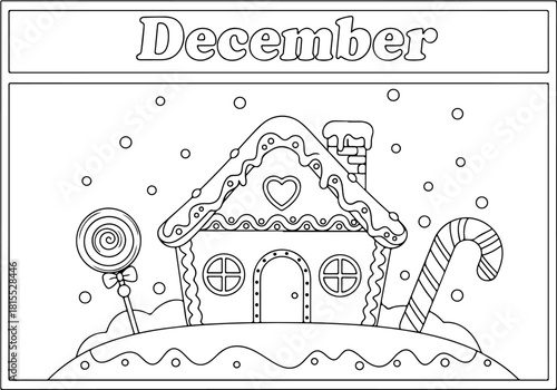 December Coloring Book Page A Festive Gingerbread House in a Winter Wonderland, Ready for Artistic Expression