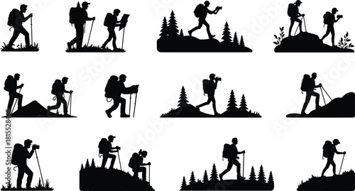 Hiker silhouettes, outdoor adventure poses, black trekking shapes, nature exploration vector collection, backpacking, walking, photographing, observing wilderness design elements