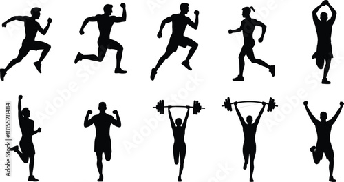 Athlete silhouettes, running and exercising poses, black fitness shapes, sports vector collection, strength training, jumping, lifting, celebrating movement design elements