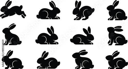 Rabbit silhouettes, various poses and movements, black bunny shapes, animal vector collection, wildlife design elements, sitting, jumping, crouching, resting rabbits