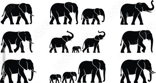 Elephant silhouette vector, black animal shapes, wildlife poses, grouped elephants, trunk raised or lowered, adult and baby, safari themed, stock illustration