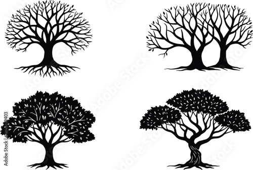 Beautiful collection of black tree silhouettes, vector illustration of nature design, decorative tree shapes, isolated botanical elements, eco friendly artwork, printable graphic