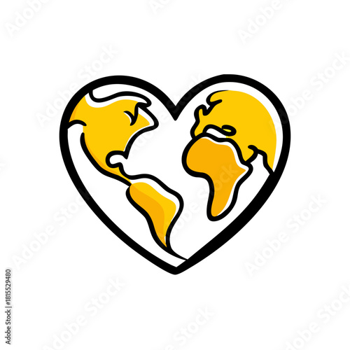 A Yellow World Map Forming a Heart on Black Background
